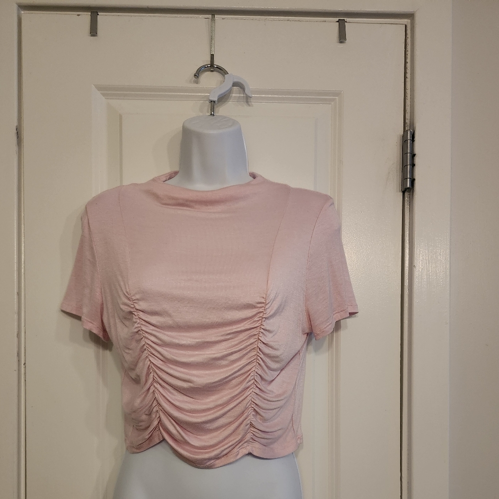 Pink ruched funnel neck crop top size xl